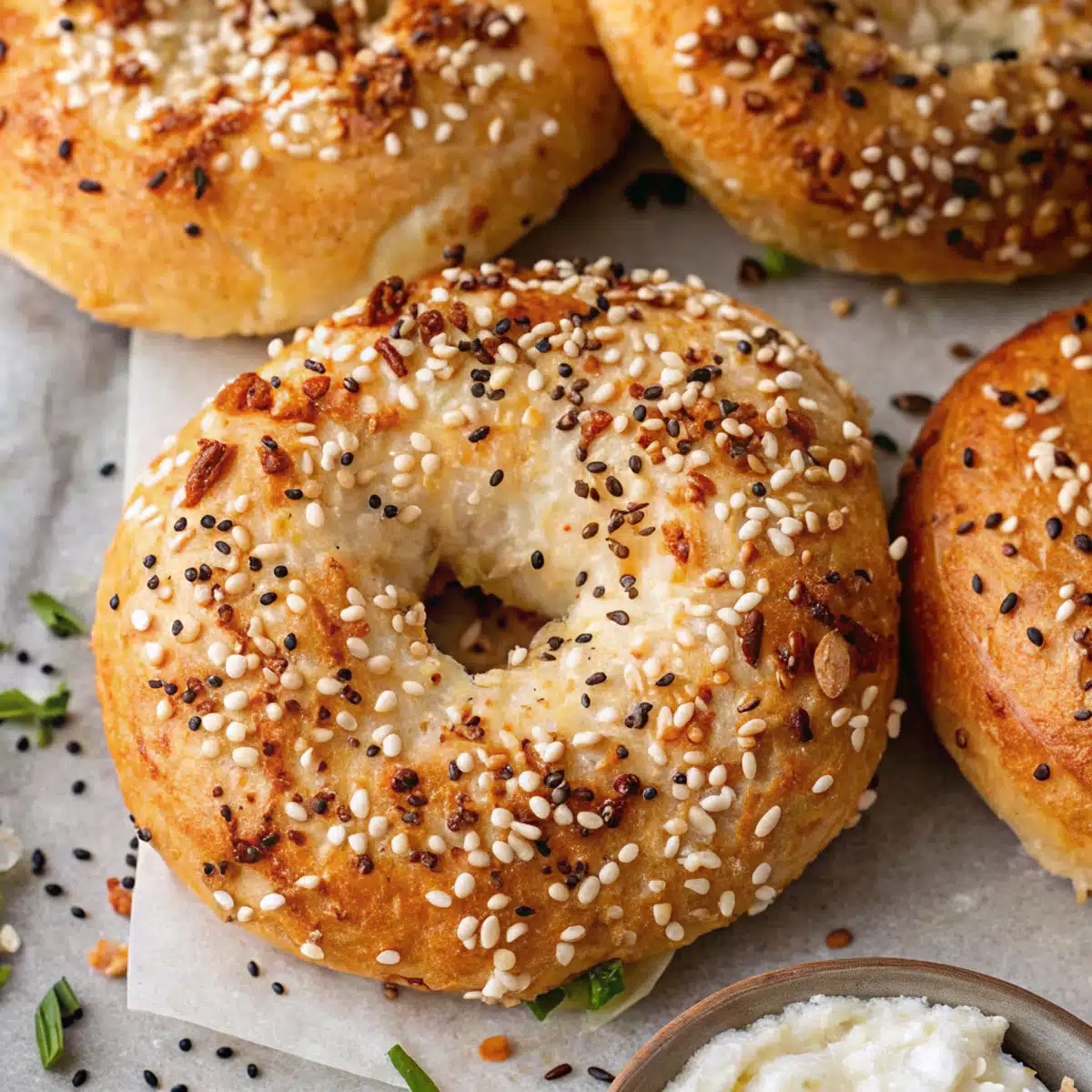 Cottage cheese bagels fresh out of the oven on a wooden board