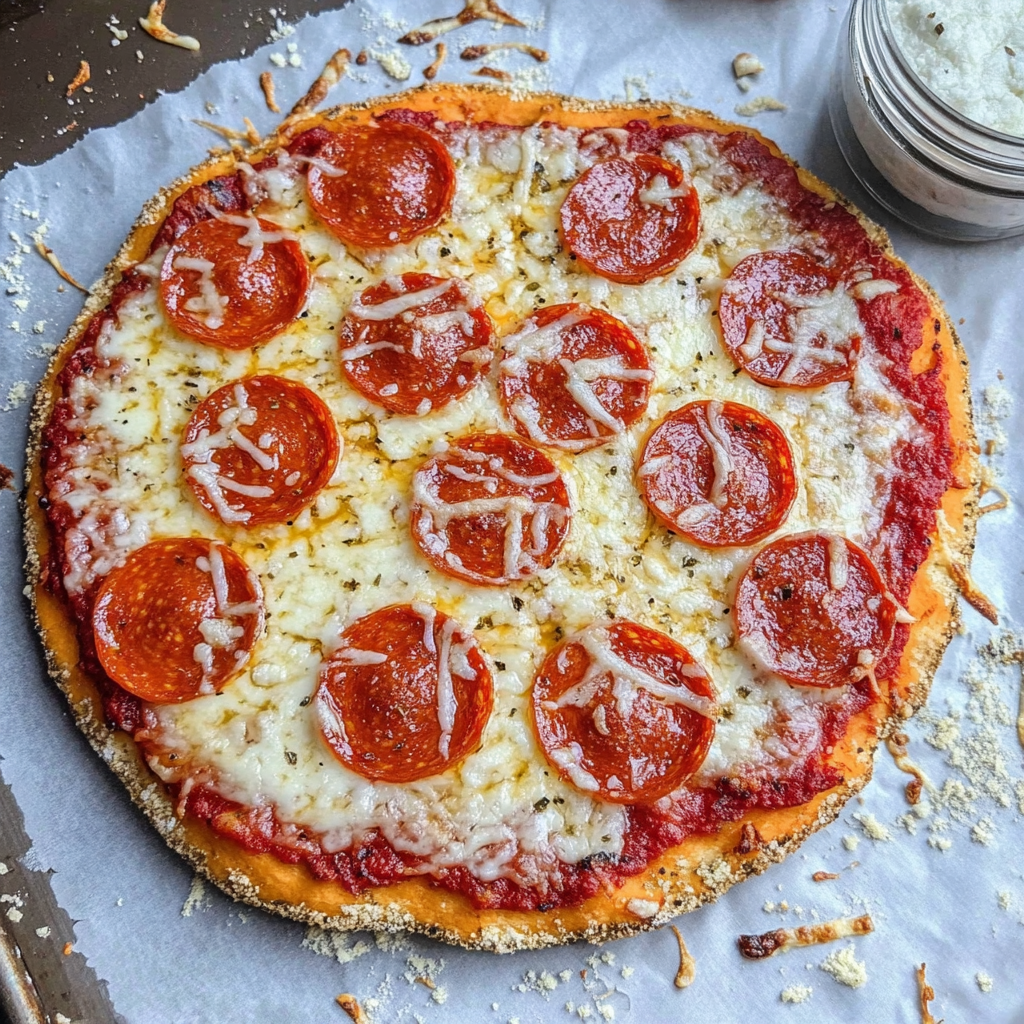 Cottage cheese pizza crust fresh from the oven