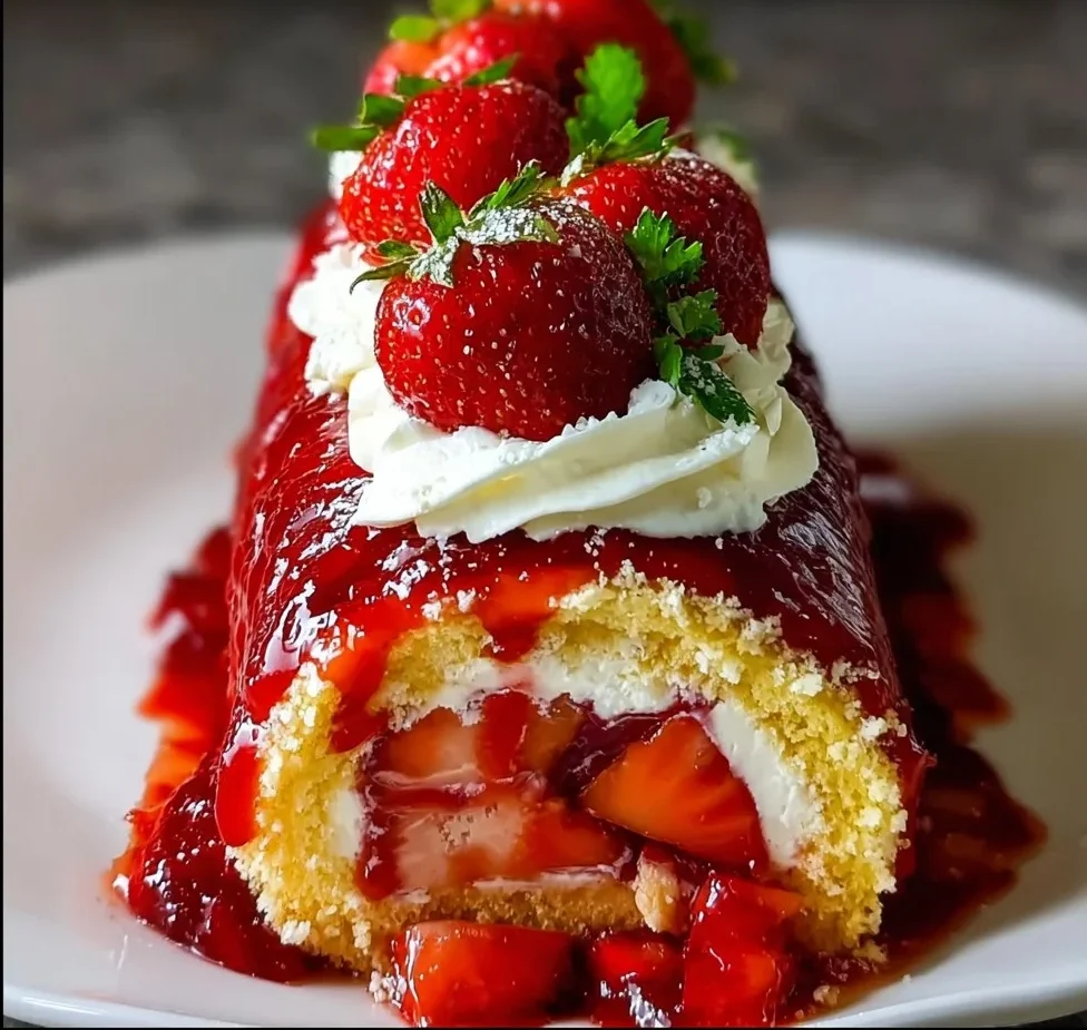 Photorealistic close-up of a slice of homemade strawberry shortcake cheesecake topped with whipped cream and fresh strawberries on a wooden table