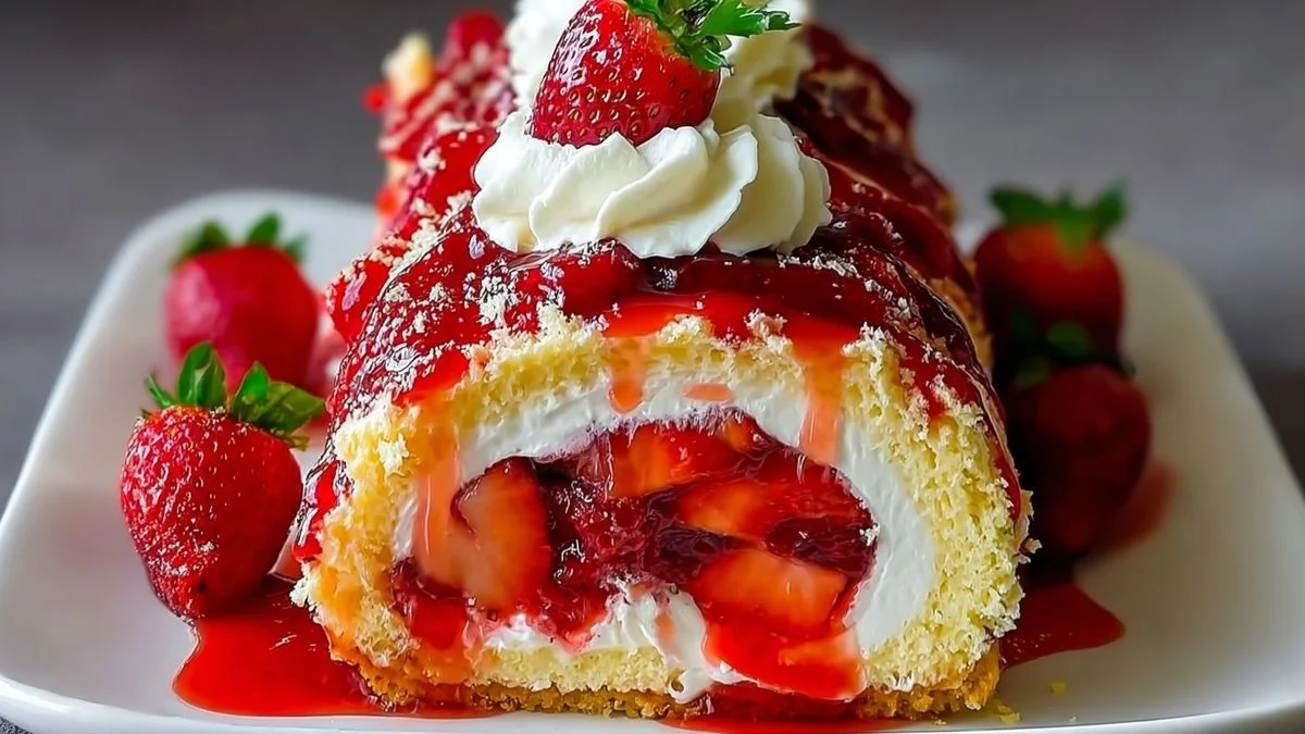 A decadent slice of homemade strawberry shortcake cheesecake garnished with fresh strawberries and whipped cream.