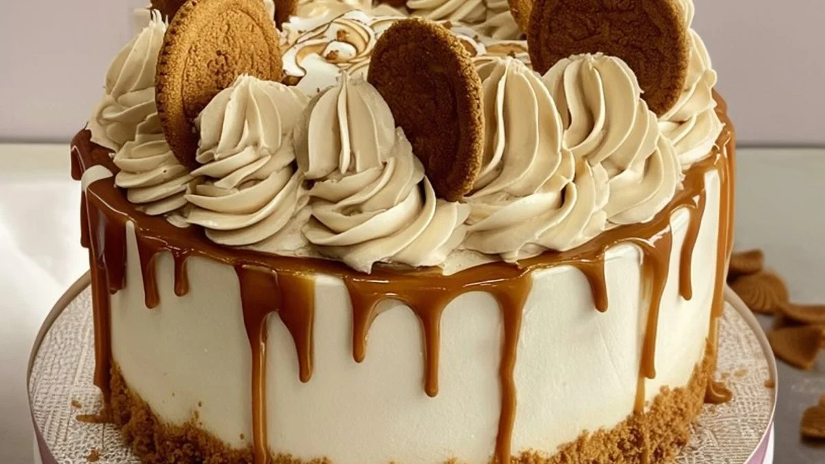 Biscoff Caramel Cheesecake topped with golden caramel drizzle and crunchy cookie crumbs on a rustic plate.