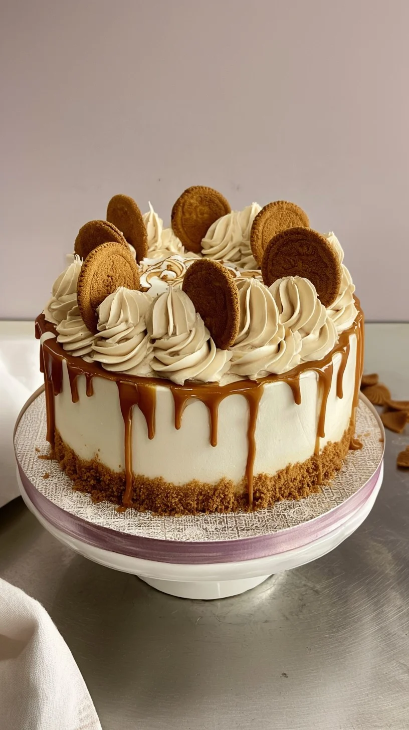 Slice of Biscoff caramel cheesecake with caramel drizzle and cookie crumbs on a white plate.