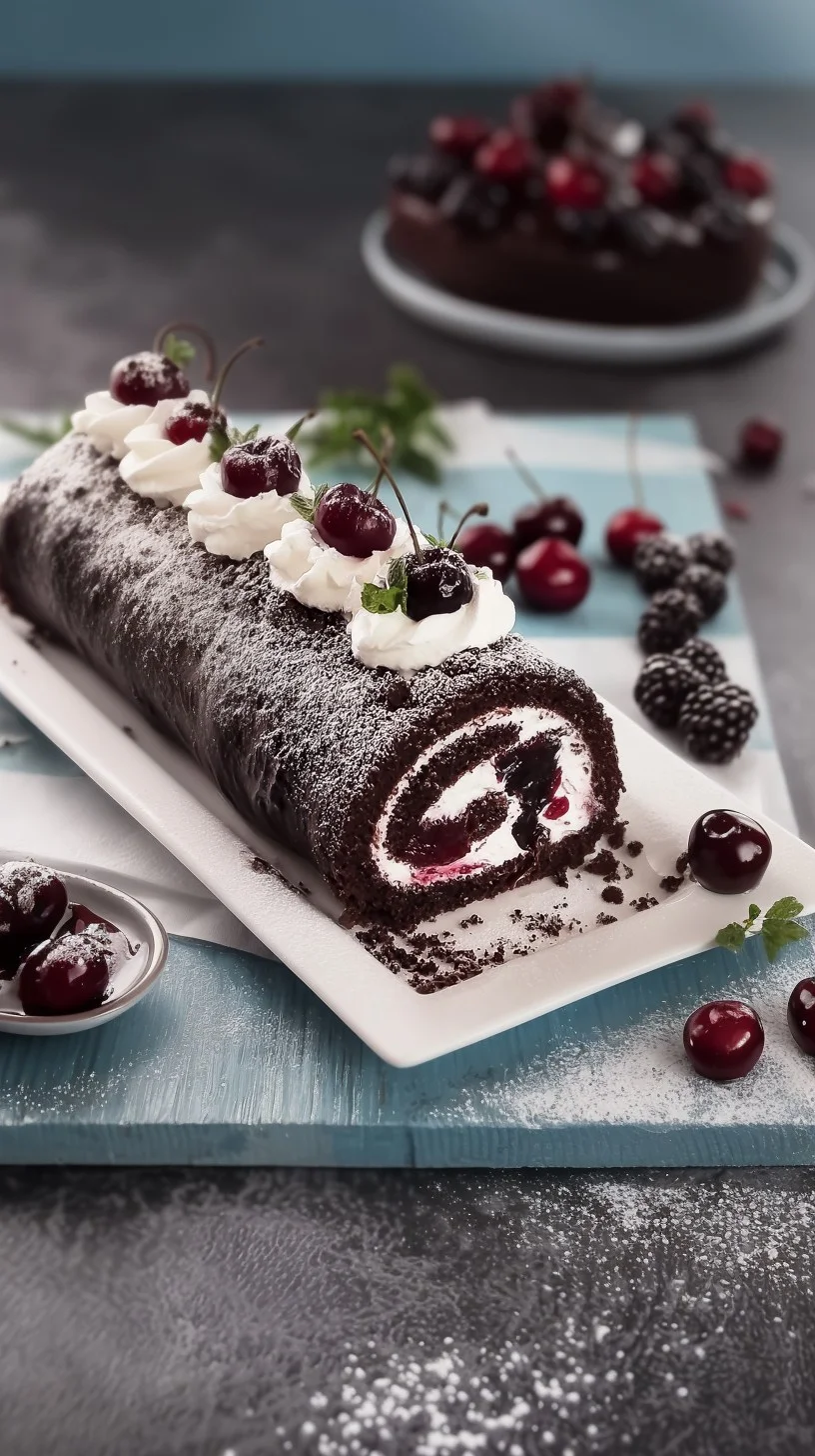 A decadent Black Forest cake roll sliced to reveal its chocolate sponge and cream swirl. Slice of Black Forest cake roll with whipped cream swirl, chocolate shavings, and fresh cherries on a wooden board.