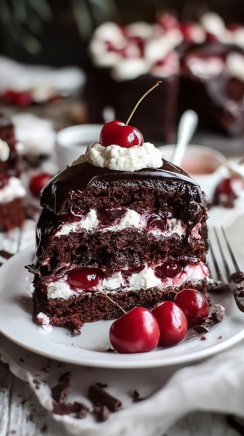 A decadent Black Forest Dream Slice topped with cherries and chocolate. A slice of Black Forest Dream Slice cake with whipped cream, fresh cherries, and dark chocolate shavings on a rustic plate
