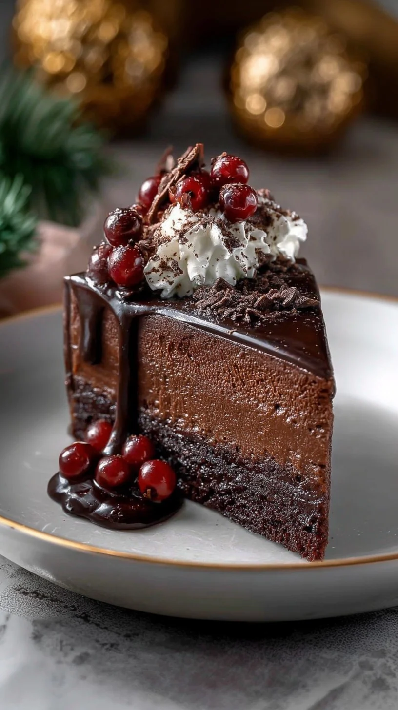 Black Forest mousse cake with cherry mousse layers, chocolate shavings, and fresh cherries.