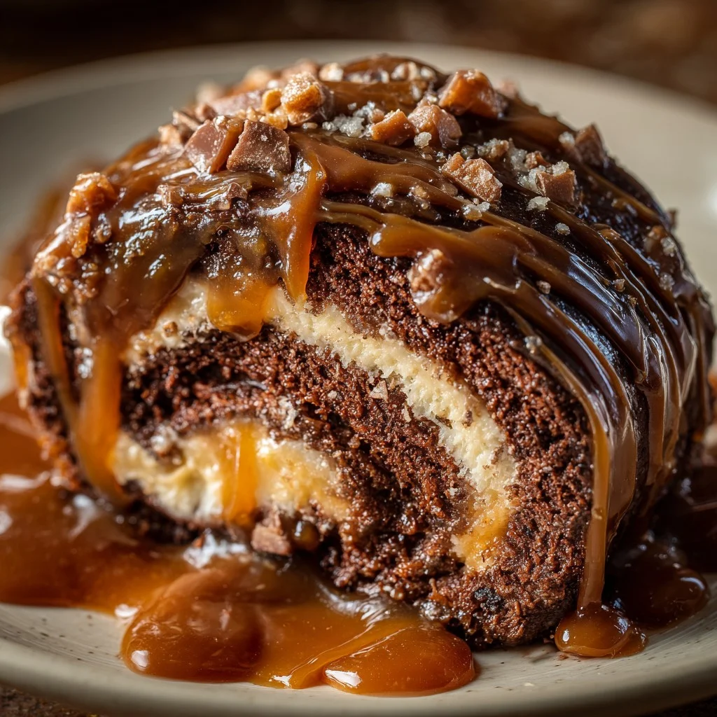 Slice of caramel core chocolate roll on a wooden board with oozing caramel and mint garnish.