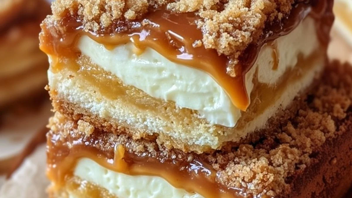 A slice of Caramel Crumble Cheesecake with caramel drizzle and crunchy crumble on a rustic wooden table.