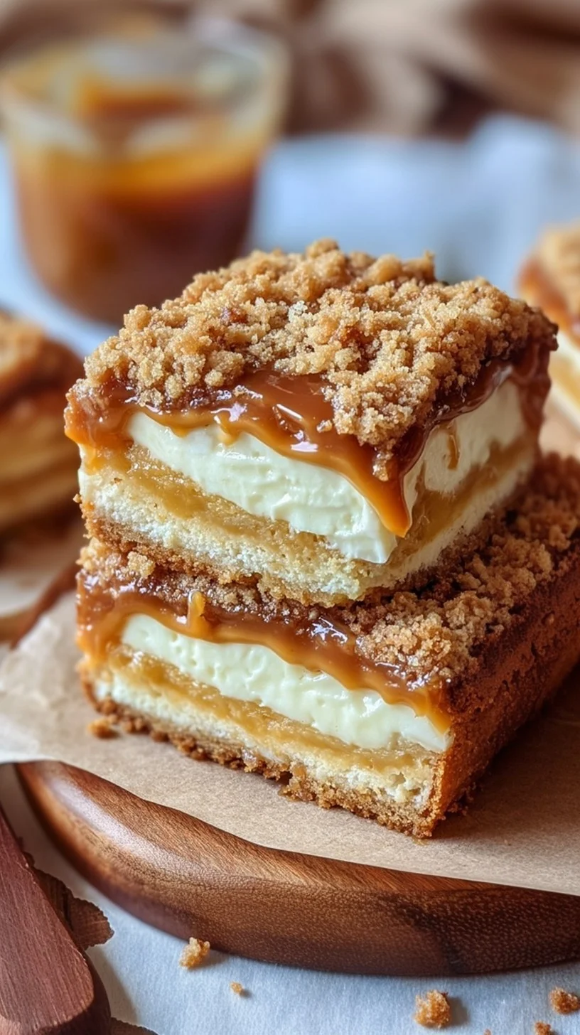 A slice of caramel crumble cheesecake topped with golden crumble and caramel sauce on a wooden board