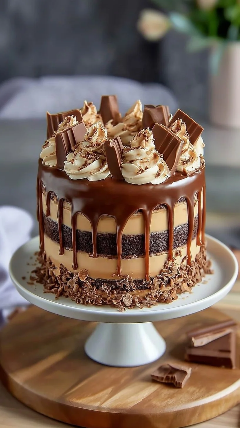 Three-tier caramel drip cake with glossy caramel drips, caramel shards, pecans, and gold leaf on a marble stand.