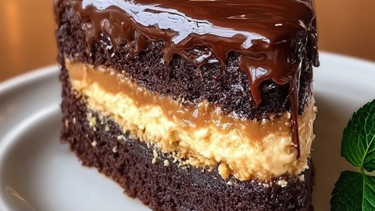 A rich Chocolate Caramel Cream Cake with chocolate sponge layers and creamy caramel filling.