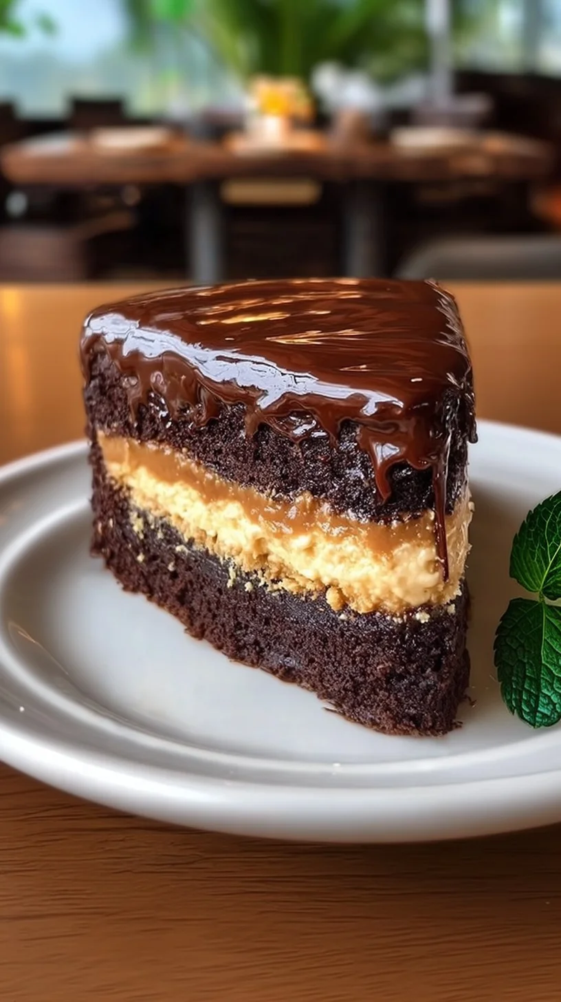 Close-up of multi-layered chocolate caramel cream cake with chocolate ganache, caramel cream filling, caramel drizzle, and chocolate shavings on a wooden surface.