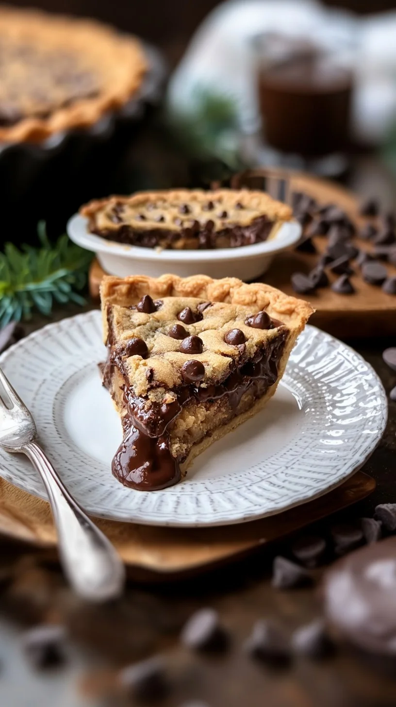 Decadent chocolate chip cookie pie with gooey chocolate centers. Golden chocolate chip cookie pie slice with oozing chocolate chips on a ceramic plate.
