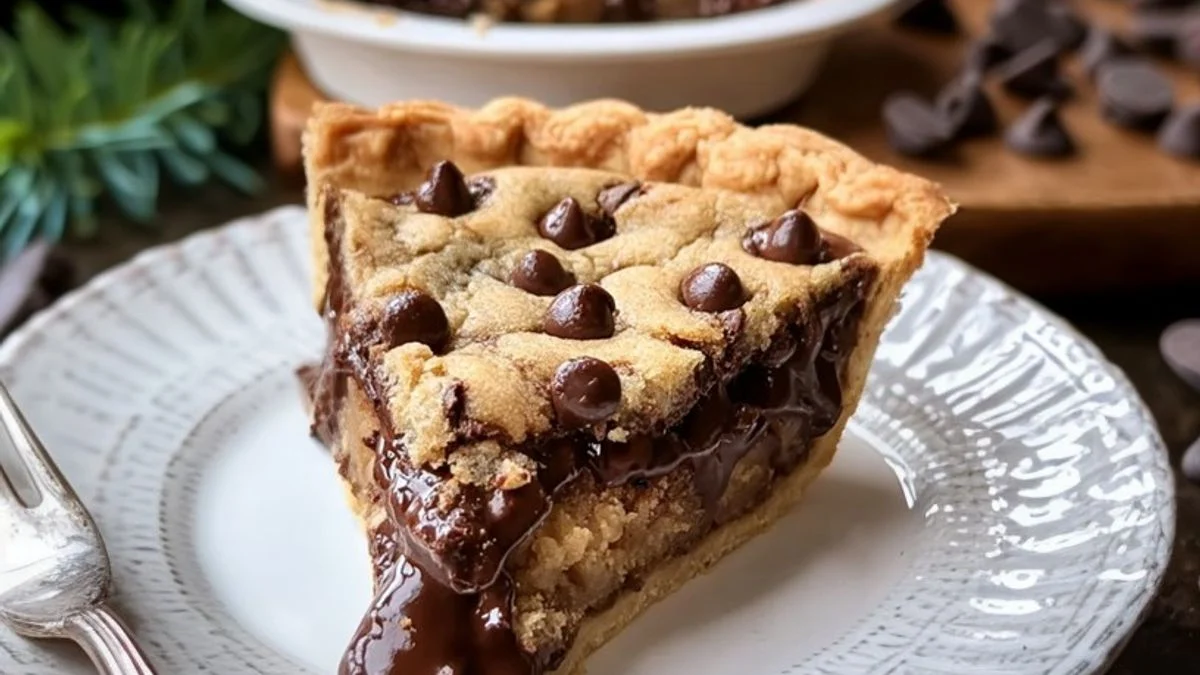 Chocolate Chip Cookie Pie 2 A close-up of a slice of Chocolate Chip Cookie Pie on a rustic table with melted chocolate chips.