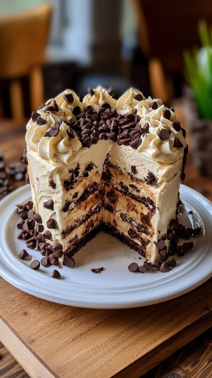Single-tier chocolate chip cream cake with whipped cream frosting and glossy chocolate chips