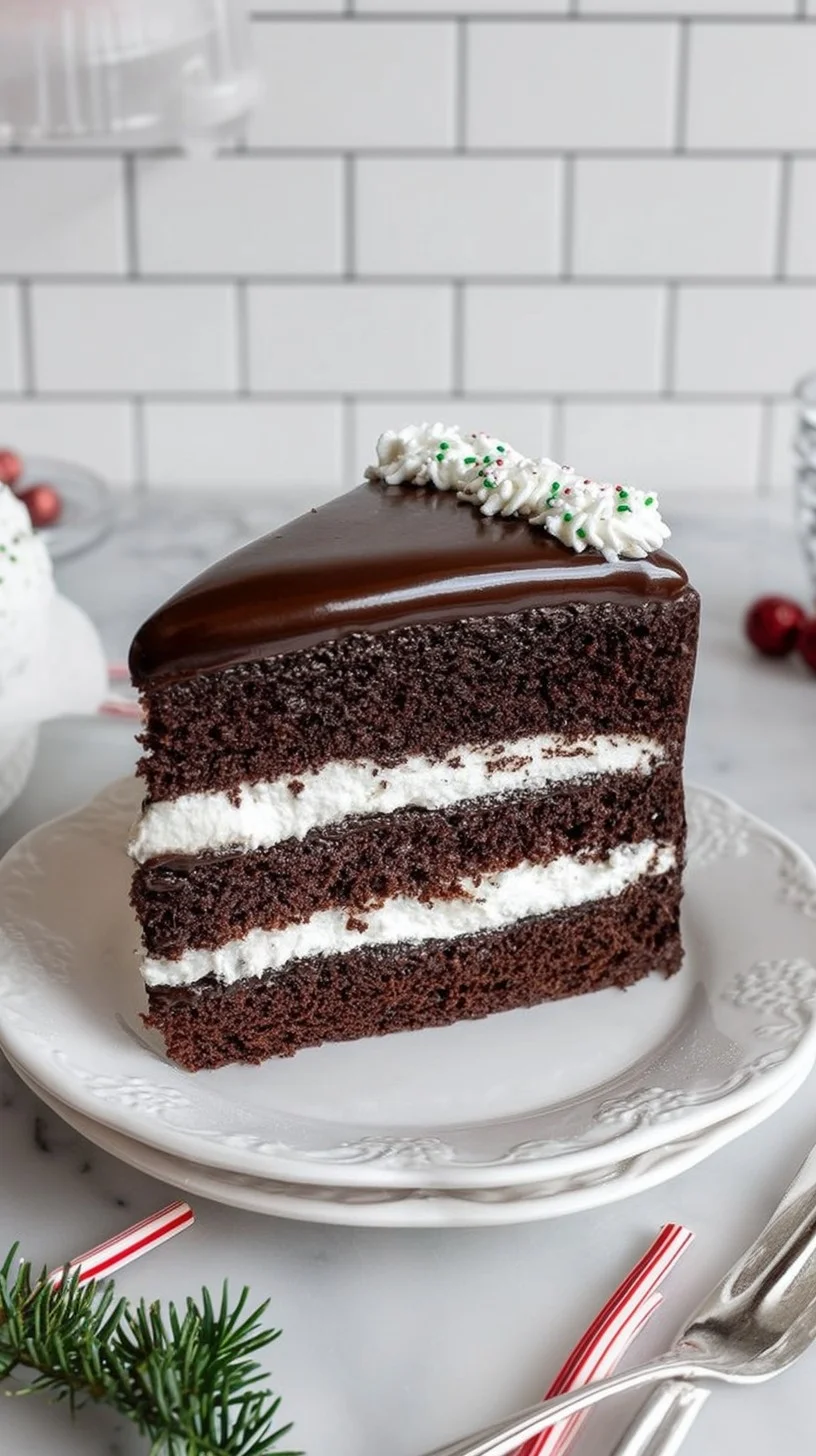 Multi-layered dark chocolate cake with creamy filling, chocolate shavings, and fresh strawberries on a wooden table.