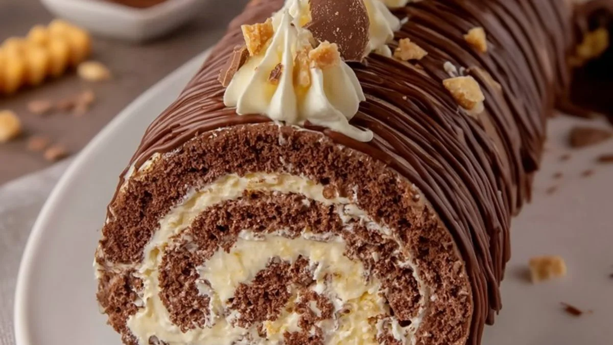 A decadent Chocolate Cream Roll with rich chocolate sponge and creamy filling on a wooden board