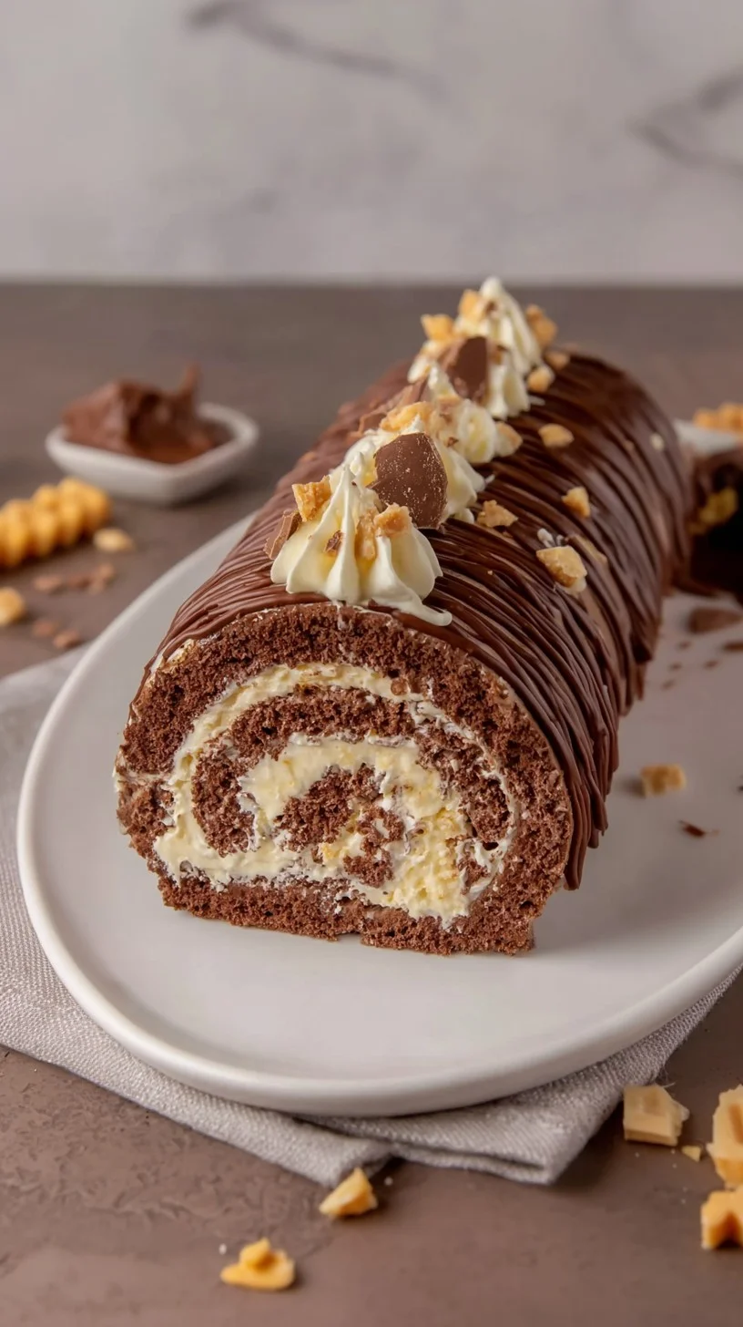 Slice of chocolate cream roll on a wooden board dusted with cocoa powder and topped with raspberries.