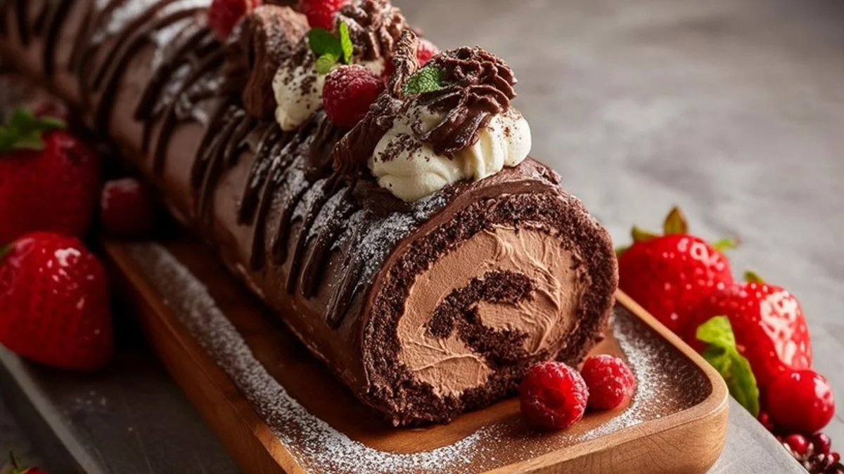 Chocolate Dream Roll 2 Freshly sliced Chocolate Dream Roll with creamy swirls and chocolate shavings on a wooden board