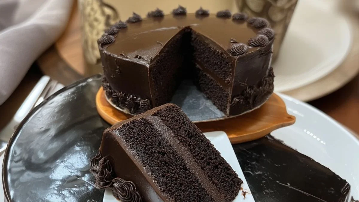 Chocolate Dream Slice: The Ultimate Indulgent Dessert You Need in Your Life 3 Close-up of a Chocolate Dream Slice with layers of chocolate sponge, creamy ganache, and glossy glaze.