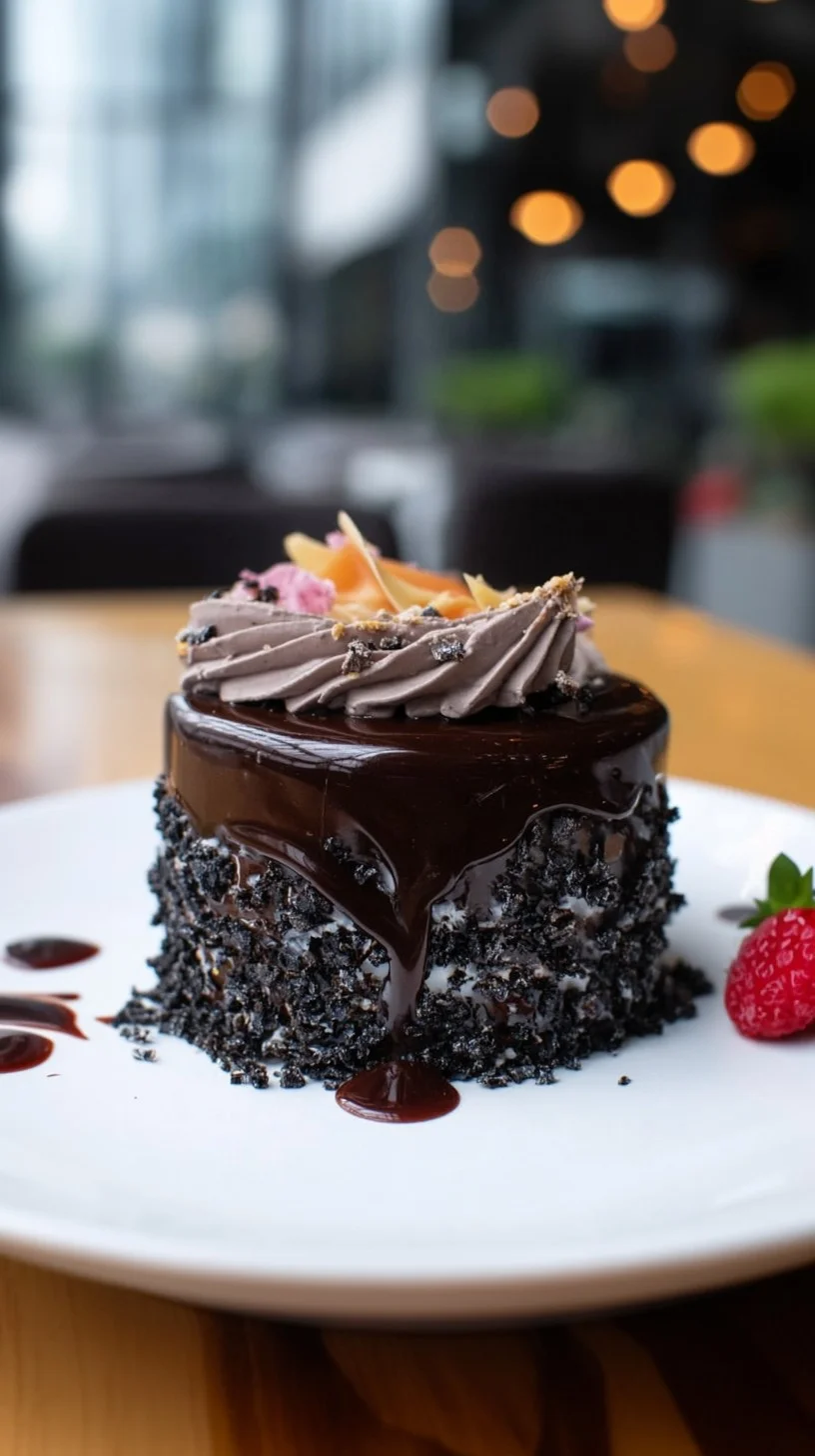 A lavish chocolate drip cake crowned with berries, macarons, and edible gold. Lavish multi-tiered chocolate drip cake with dark chocolate ganache dripping, topped with fresh strawberries, raspberries, macarons, and edible gold.