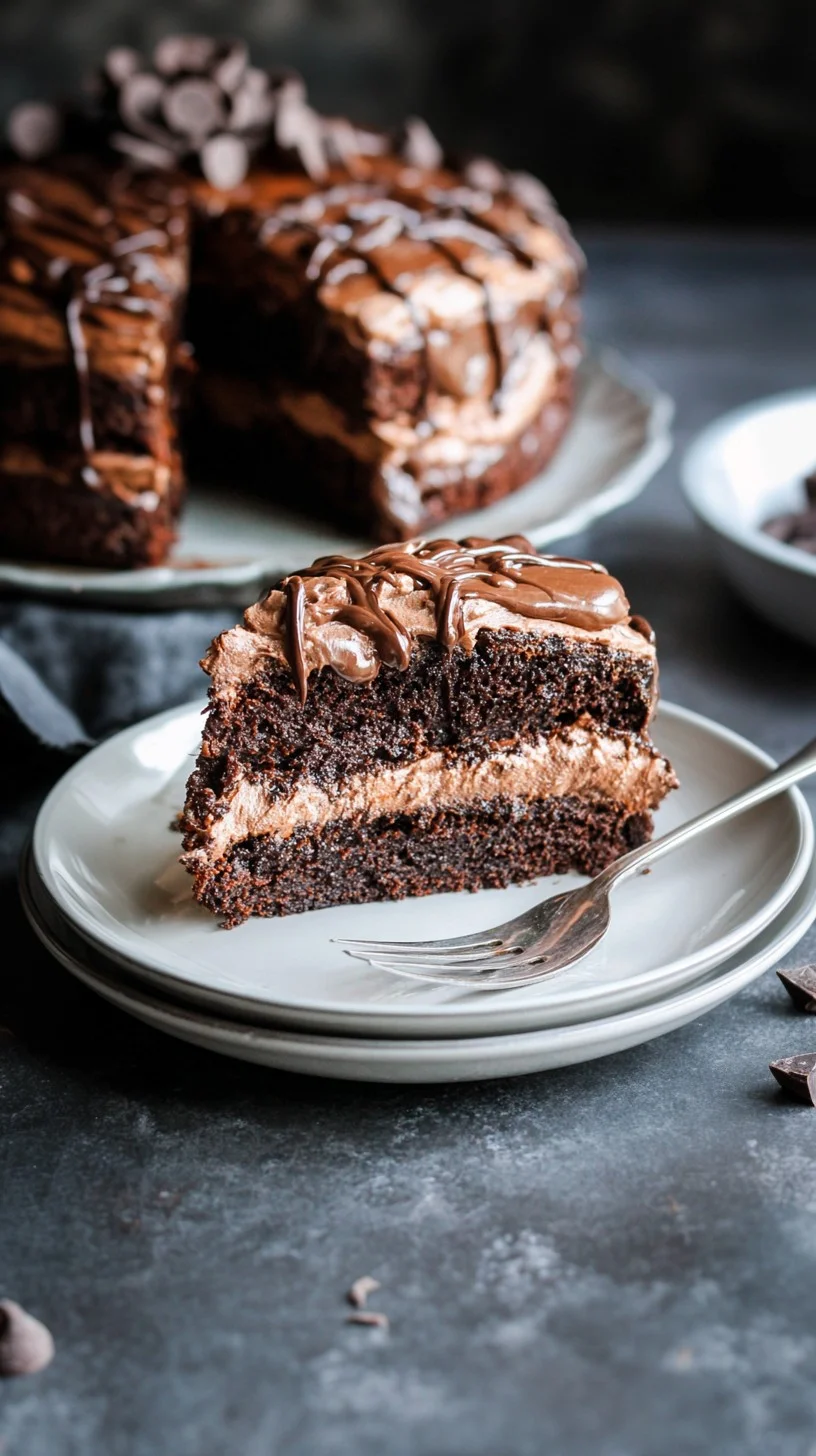A decadent chocolate fudge slice topped with glossy ganache and walnuts. Close-up of a decadent chocolate fudge slice with glossy ganache and crushed walnuts on a rustic wooden board.