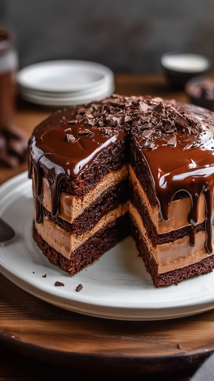 Stack of chocolate fudge squares drizzled with ganache and sea salt on a wooden board.