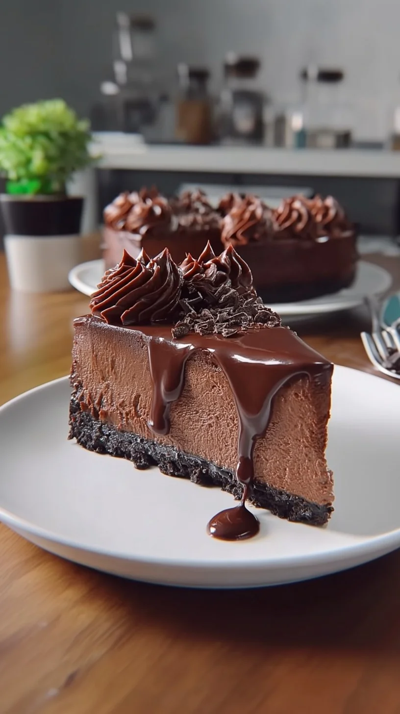 Slice of chocolate ganache cheesecake with raspberries and mint on a white plate