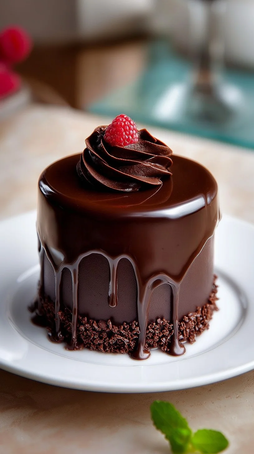 Close-up of bite-sized chocolate ganache tarts with glossy dark filling, raspberries, and mint on a rustic wooden table.