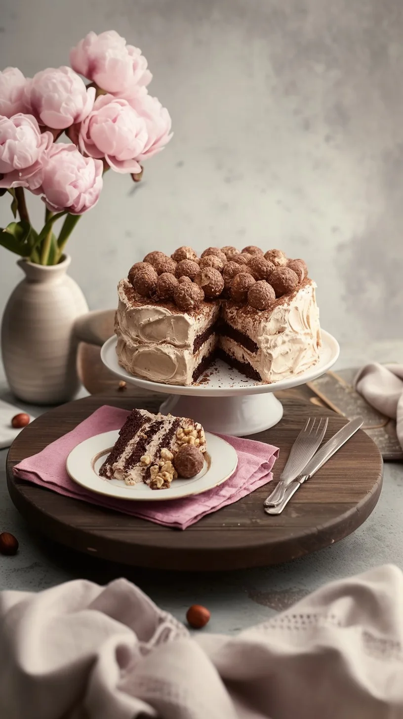 Three-layer chocolate-hazelnut meringue cake with ganache and toasted hazelnuts on wooden stand