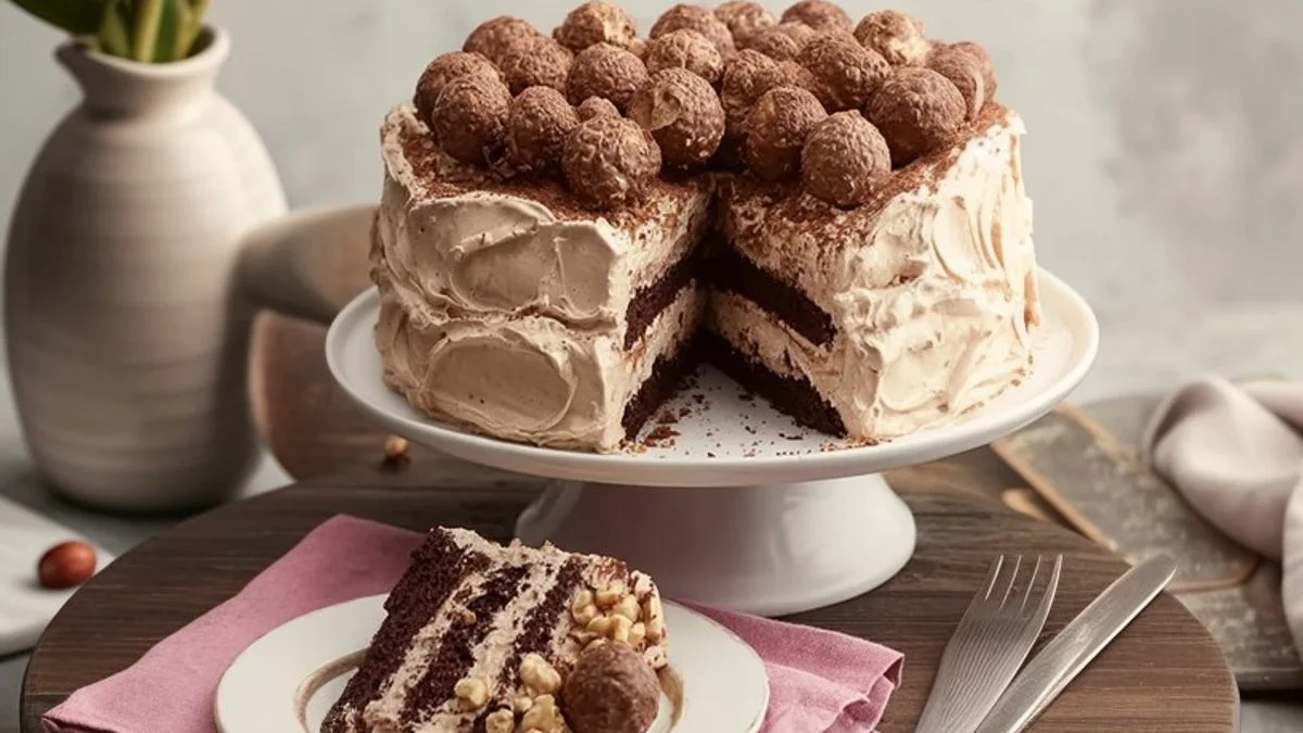 Close-up of a Chocolate-Hazelnut Meringue Layer Cake topped with toasted hazelnuts and glossy chocolate ganache.