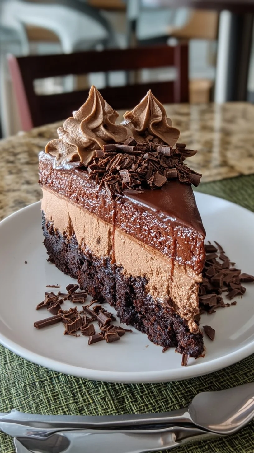 Dark chocolate mousse in glass with whipped cream, chocolate curls, and raspberry on wooden table