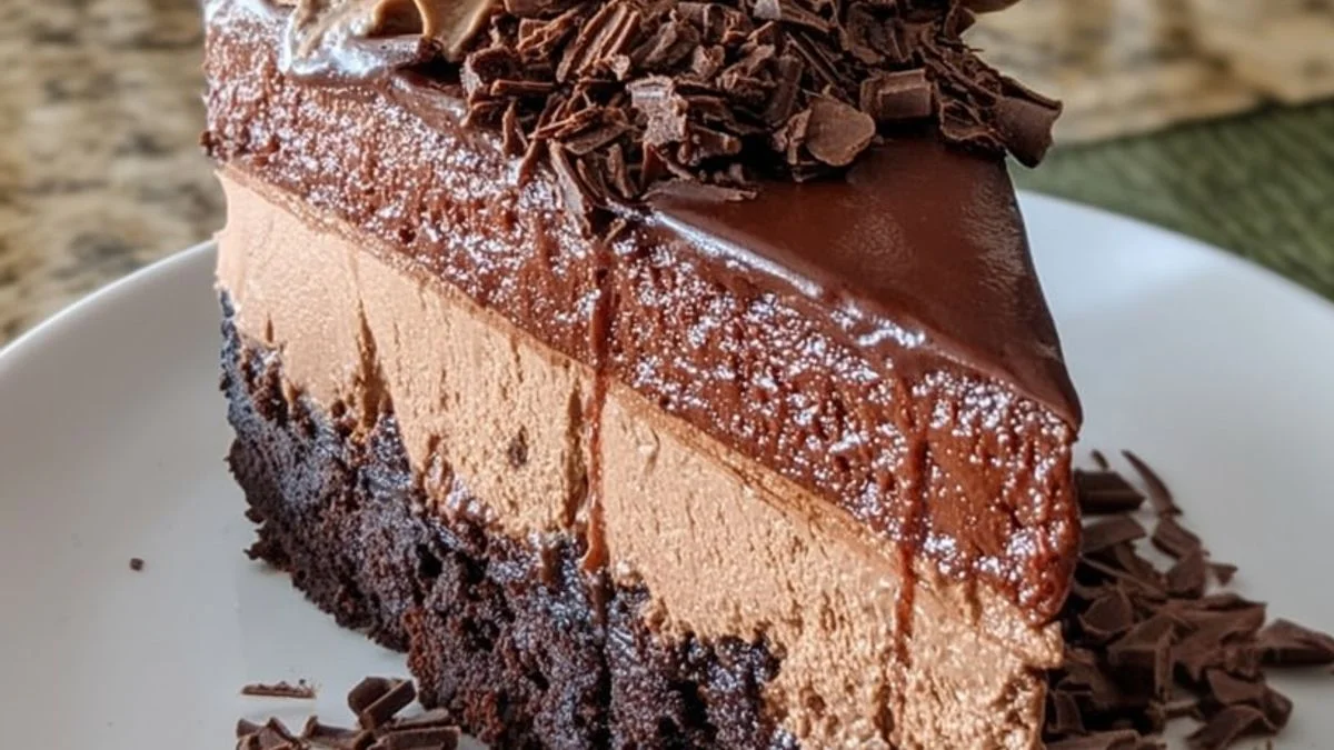 A clear glass bowl of Chocolate Mousse Dream topped with whipped cream, chocolate shavings, and raspberries.