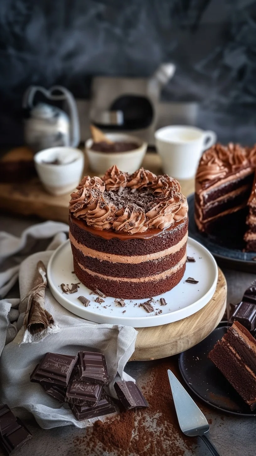 A sumptuous chocolate mousse layer cake garnished with fresh raspberries. Three-layer chocolate mousse cake with ganache, chocolate curls, raspberries, and mint on a white cake stand.