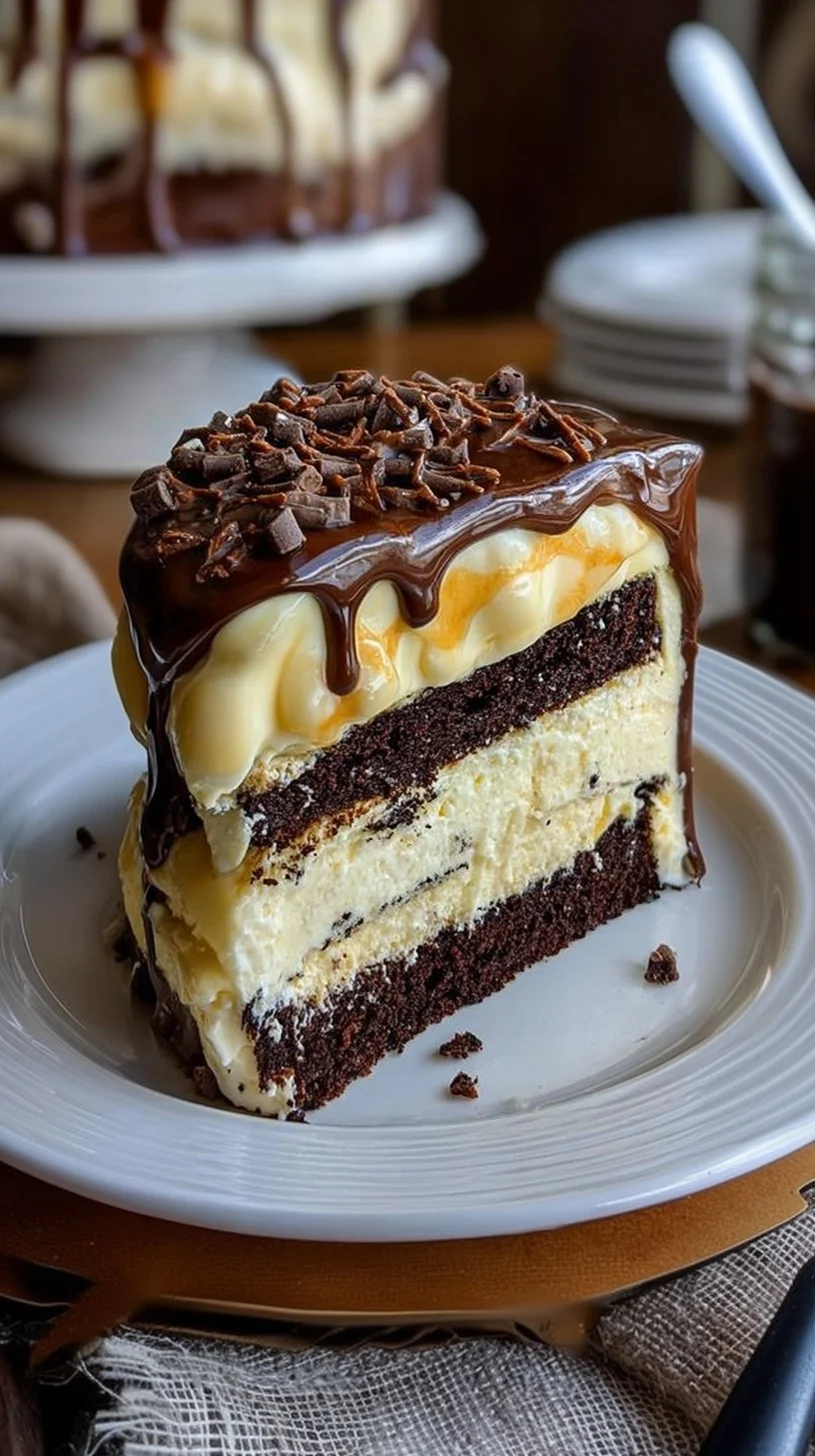 A decadent chocolate, vanilla, and caramel dream dessert. Decadent multi-layered chocolate, vanilla, and caramel dessert topped with whipped cream and caramel shards