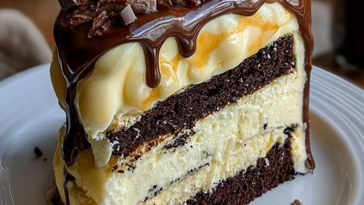 Chocolate Vanilla Caramel Dream 2 A layered treat showing glossy ganache, creamy vanilla, and sticky caramel in the Chocolate Vanilla Caramel Dream.