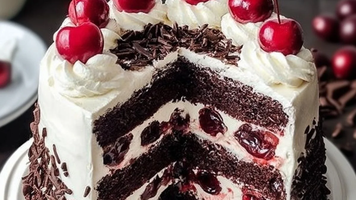 A decadent Classic Black Forest cake slice with layers of chocolate sponge, whipped cream, and fresh cherries on a rustic plate.