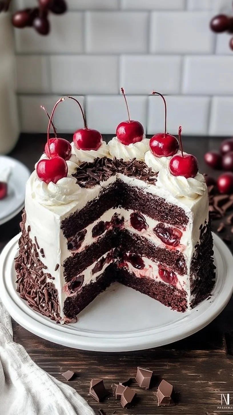 Decadent Classic Black Forest cake slice with cherries and chocolate shavings.