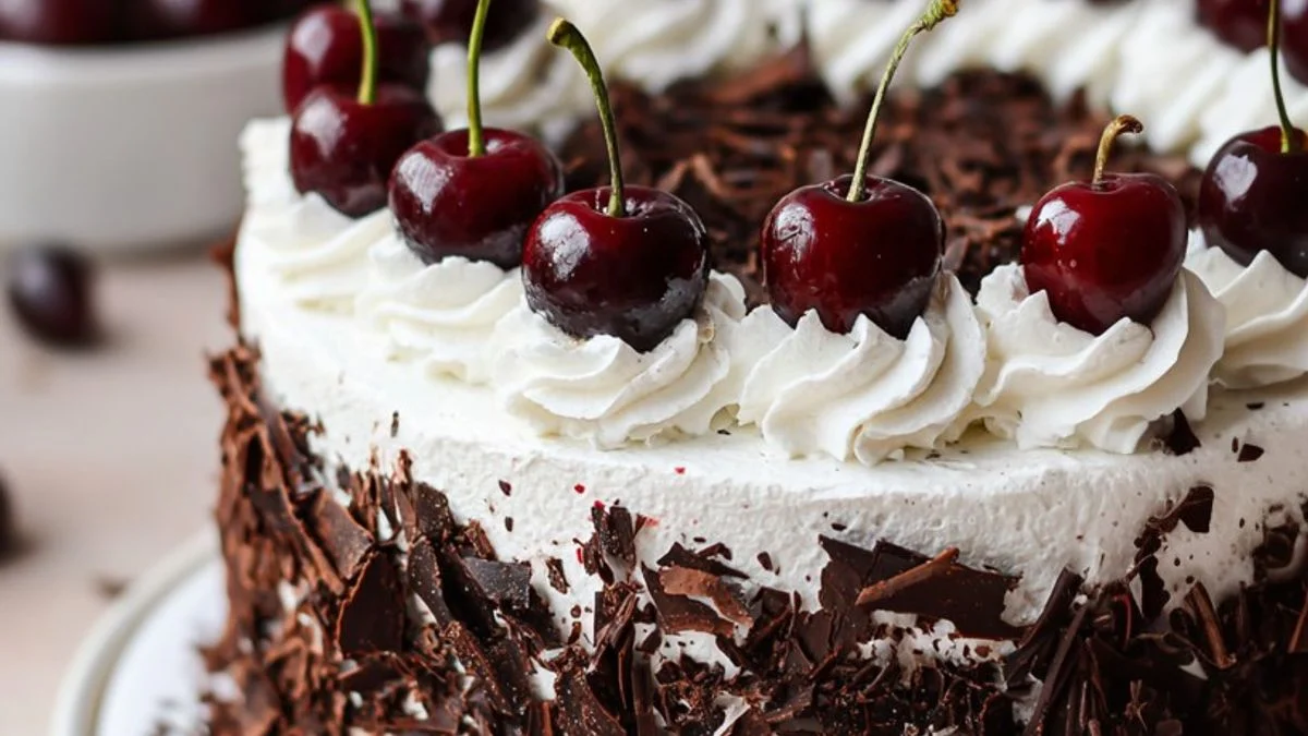 Classic Black Forest 2 Slice of Classic Black Forest cake on a rustic wooden board topped with whipped cream and cherries