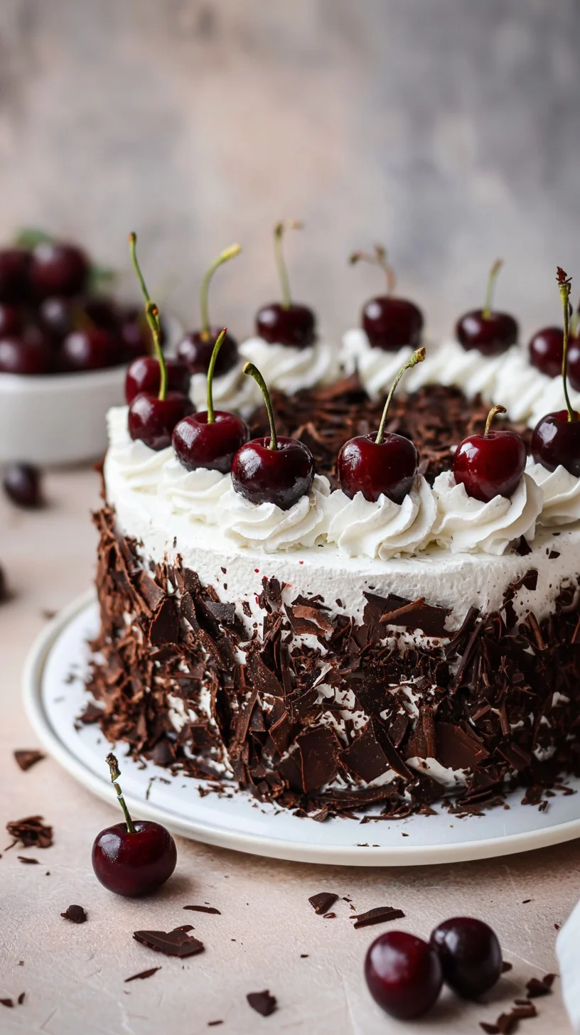 Decadent classic Black Forest cake topped with cherries. Classic Black Forest cake with chocolate sponge layers, whipped cream, cherries, and chocolate shavings.