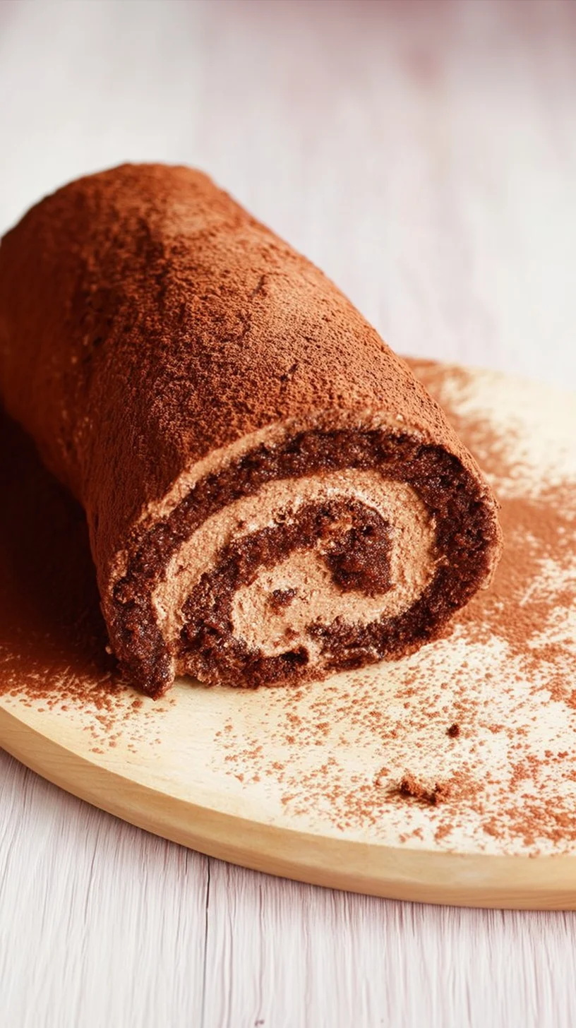 cocoa swiss roll cake with creamy filling on a wooden board