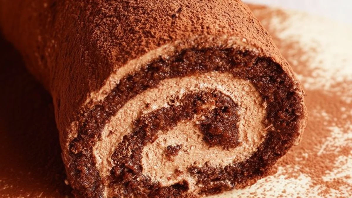 Freshly sliced Cocoa Swiss Roll on a rustic board with visible creamy vanilla filling