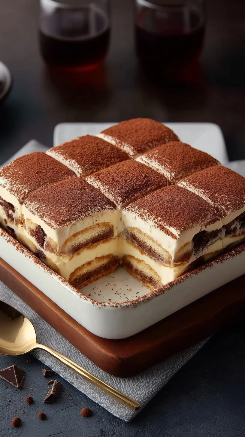 A decadent slice of creamy cocoa tiramisu ready to enjoy. A slice of creamy cocoa tiramisu with layers of mascarpone and coffee-soaked ladyfingers dusted with cocoa powder on a ceramic plate.