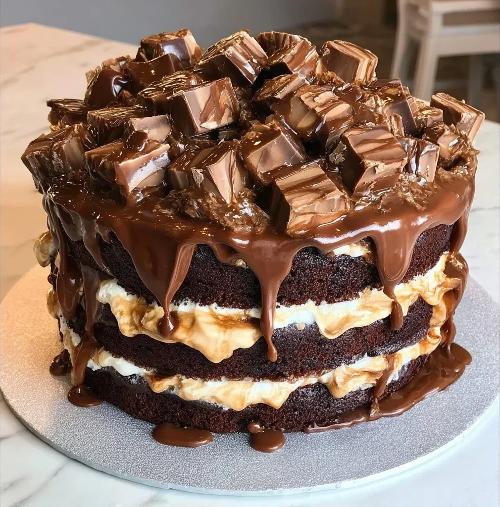 Decadent triple-layer chocolate cake with glossy ganache, fresh raspberries, and mint leaves on a rustic wooden table.