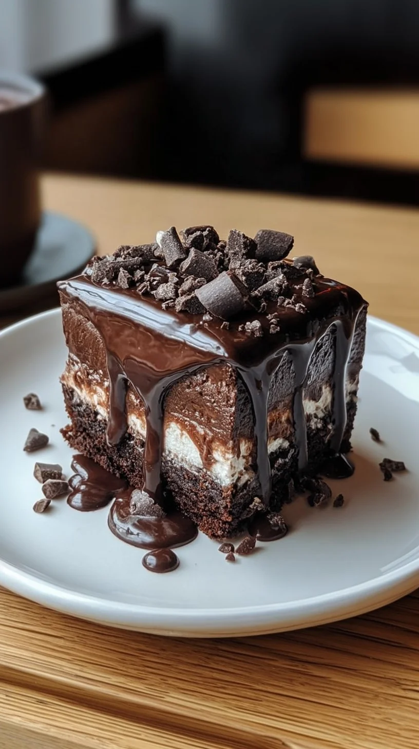 A decadent frozen fudge brownie bar ready to enjoy. Frozen fudge brownie bar on marble slab with glossy chocolate topping and cocoa powder