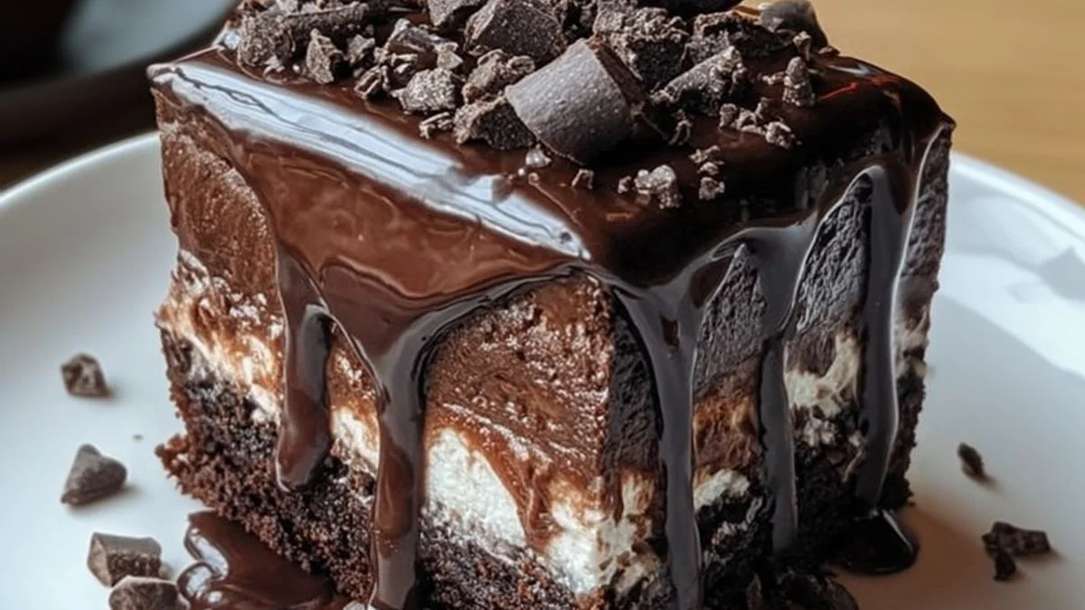 Frozen Fudge Brownie Bar 2 A tray of Frozen Fudge Brownie Bar slices dusted with powdered sugar and garnished with mint leaves.