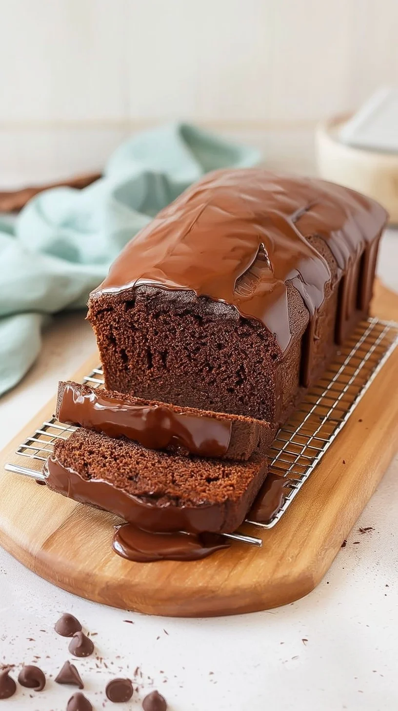 A moist, fudgy chocolate loaf sliced and ready to serve. Sliced fudgy chocolate loaf on a wooden board with gooey interior and scattered cocoa beans.