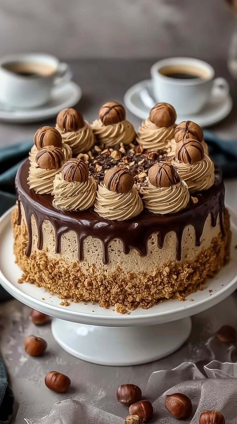 Close-up of a hazelnut mocha crunch cake slice with layers of chocolate sponge, coffee-soaked praline, and mocha ganache topping.