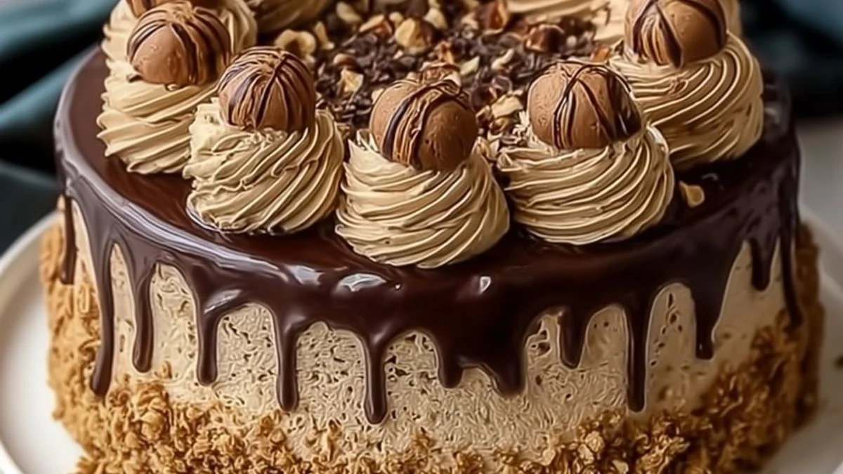 Close-up of Hazelnut Mocha Crunch Cake slice with layers of coffee-infused sponge, chocolate ganache, and hazelnut crunch