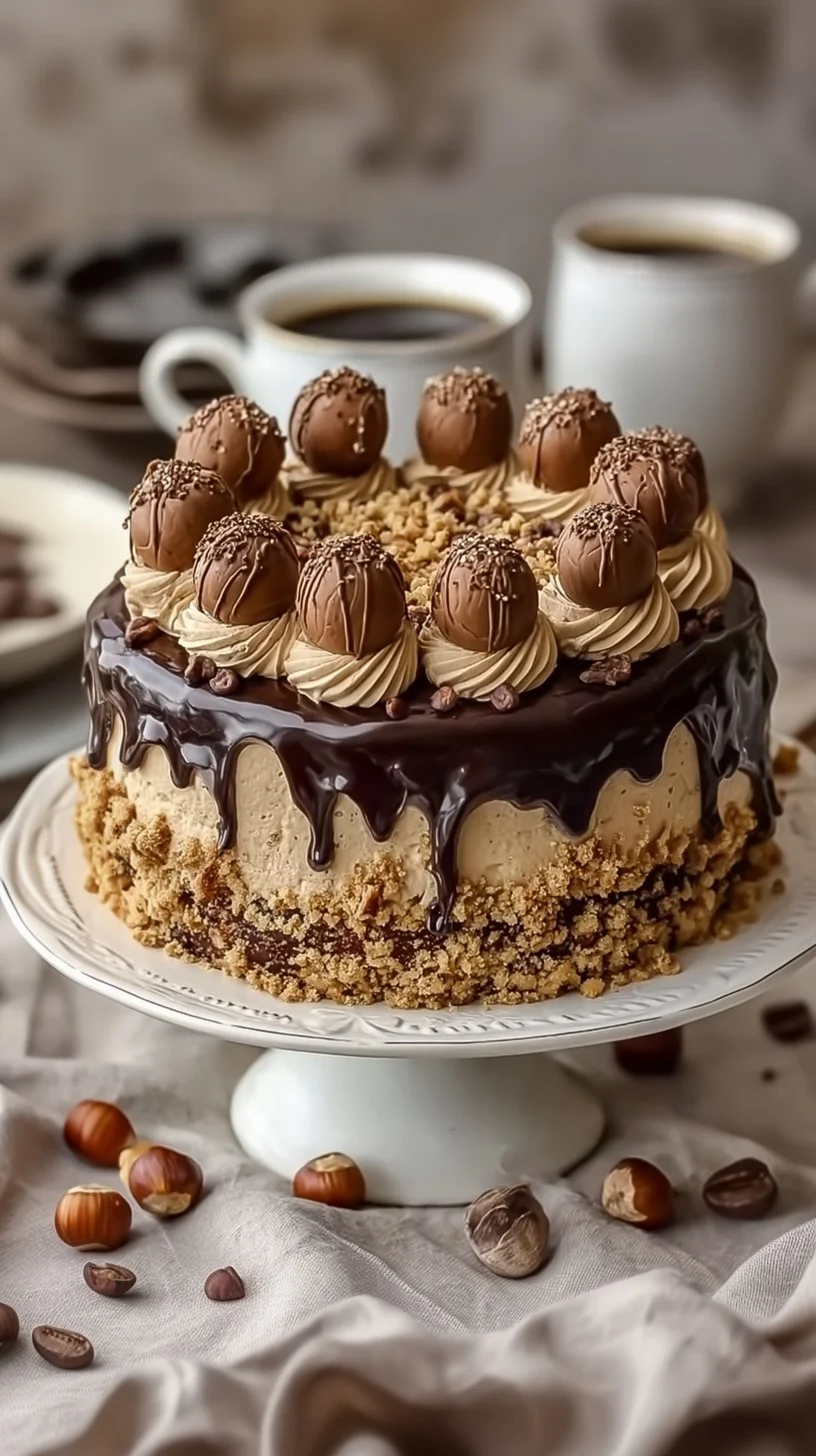 Decadent hazelnut truffle crunch cake slice with glossy ganache. Slice of hazelnut truffle crunch cake showing layers of chocolate ganache, creamy hazelnut truffle, and crunchy praline topping.