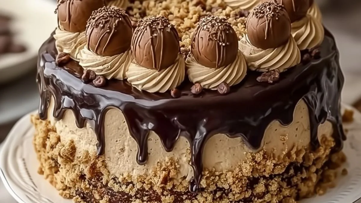 Hazelnut Truffle Crunch Cake 2 A slice of Hazelnut Truffle Crunch Cake showing creamy chocolate truffle layers and crunchy hazelnut topping.